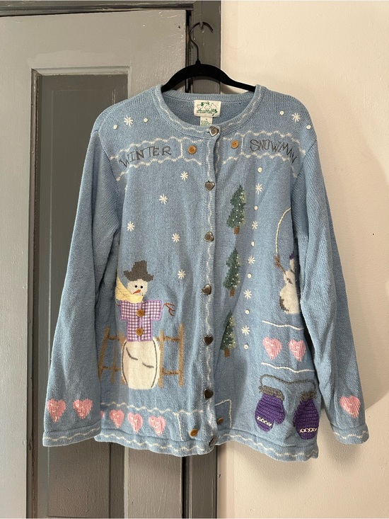 Quacker Factory Sweaters - Vintage The Quacker Factory Winter Snowman Light Blue Women's Cardigan Sweater